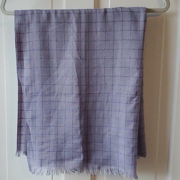 AHUSE BLUE GRAY WINDOWPANE WRAP/ SCARF METALLIC ACCENTS FRINGE - Picture 3 of 7
